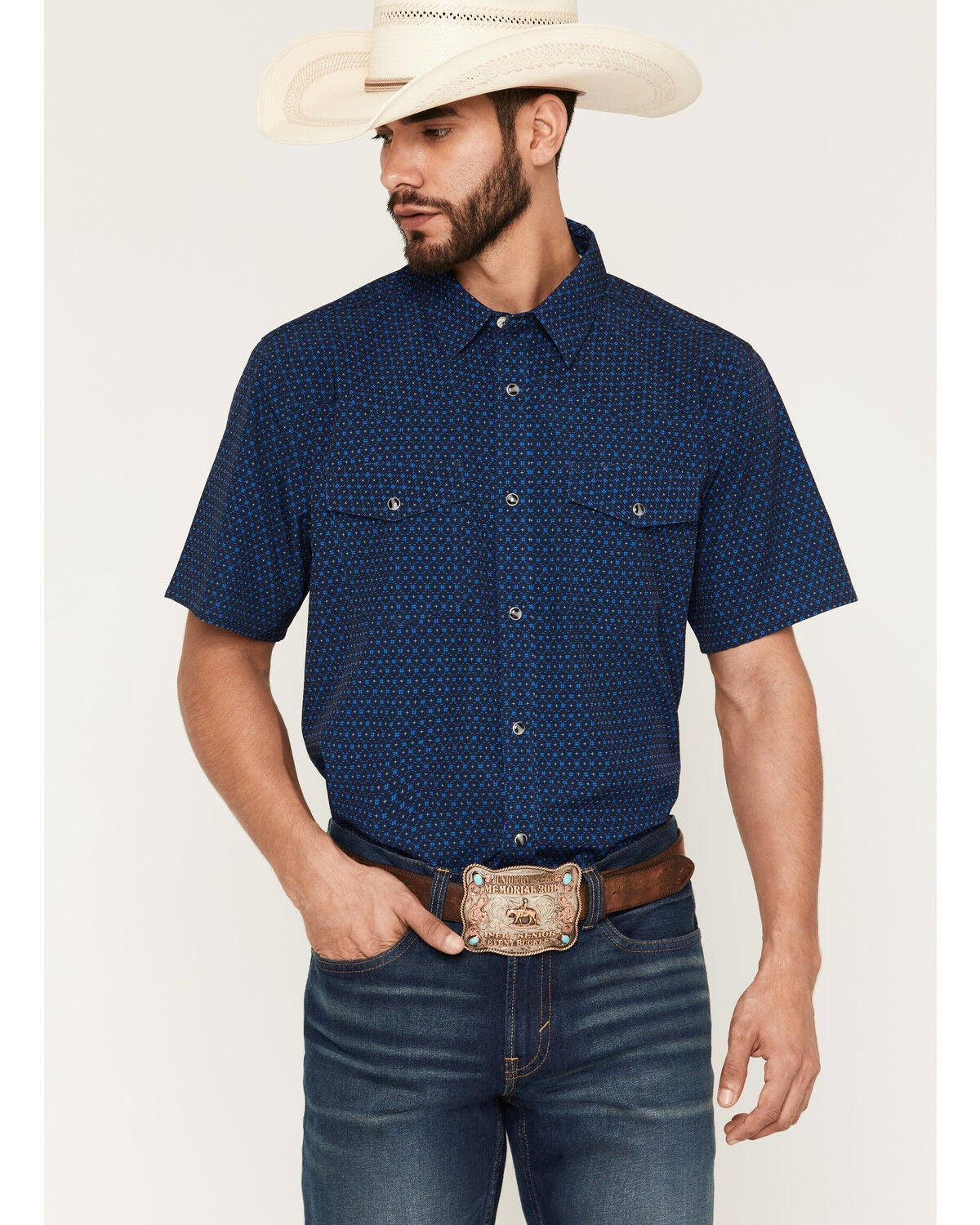 Image #1 - RANK 45&reg; Men's Sky Grid Geo Print Rodeo Tech 2.0 Short Sleeve Snap Western Shirt, Navy, hi-res