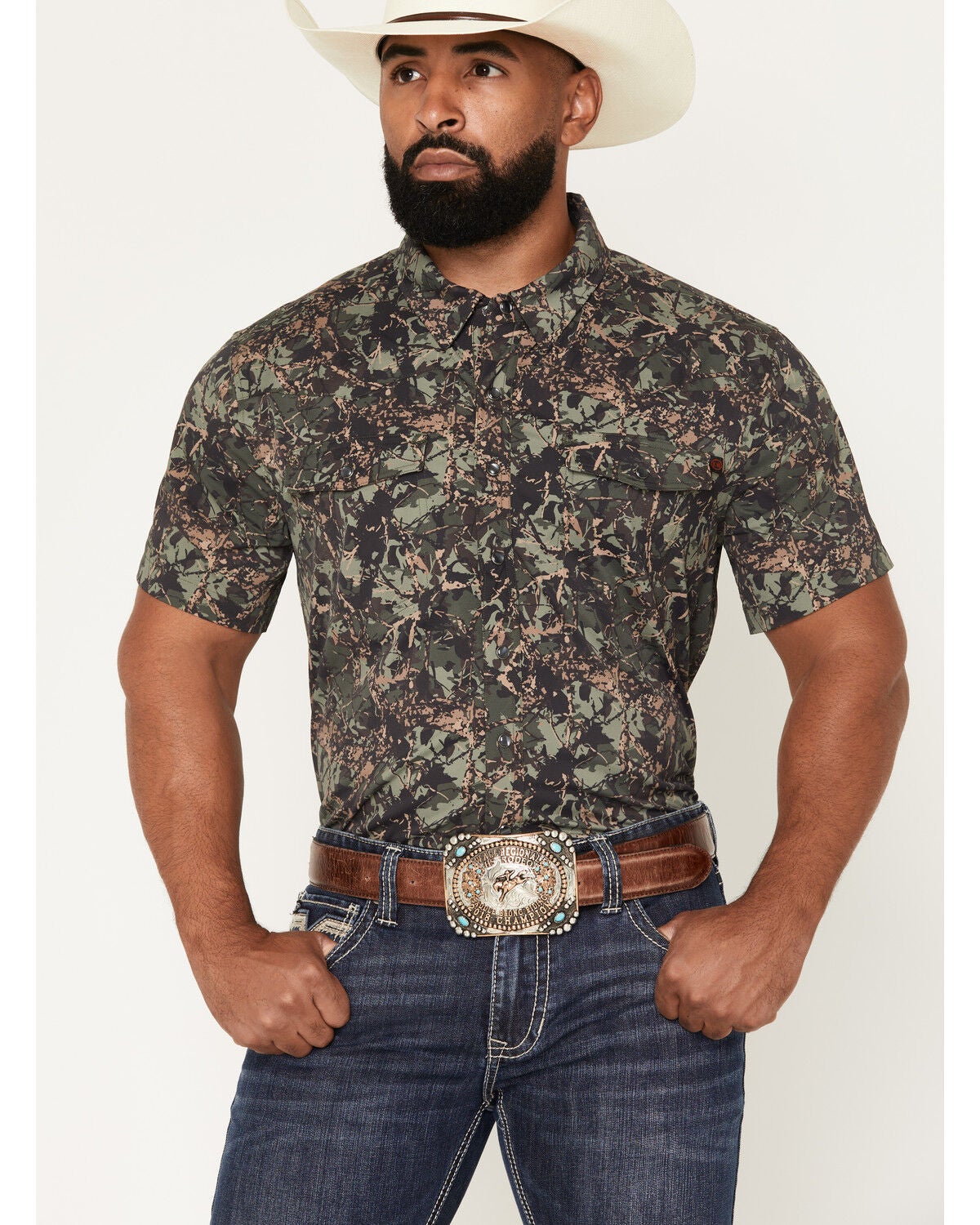 Image #1 - Rock & Roll Denim X Koe Wetzel Men's Camo Print Short Sleeve Pearl Snap Stretch Western Shirt, Camouflage, hi-res