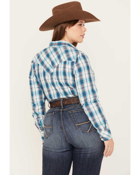 Image #4 - Roper Women's Plaid Print Long Sleeve Snap Western Shirt - Plus, Blue, hi-res