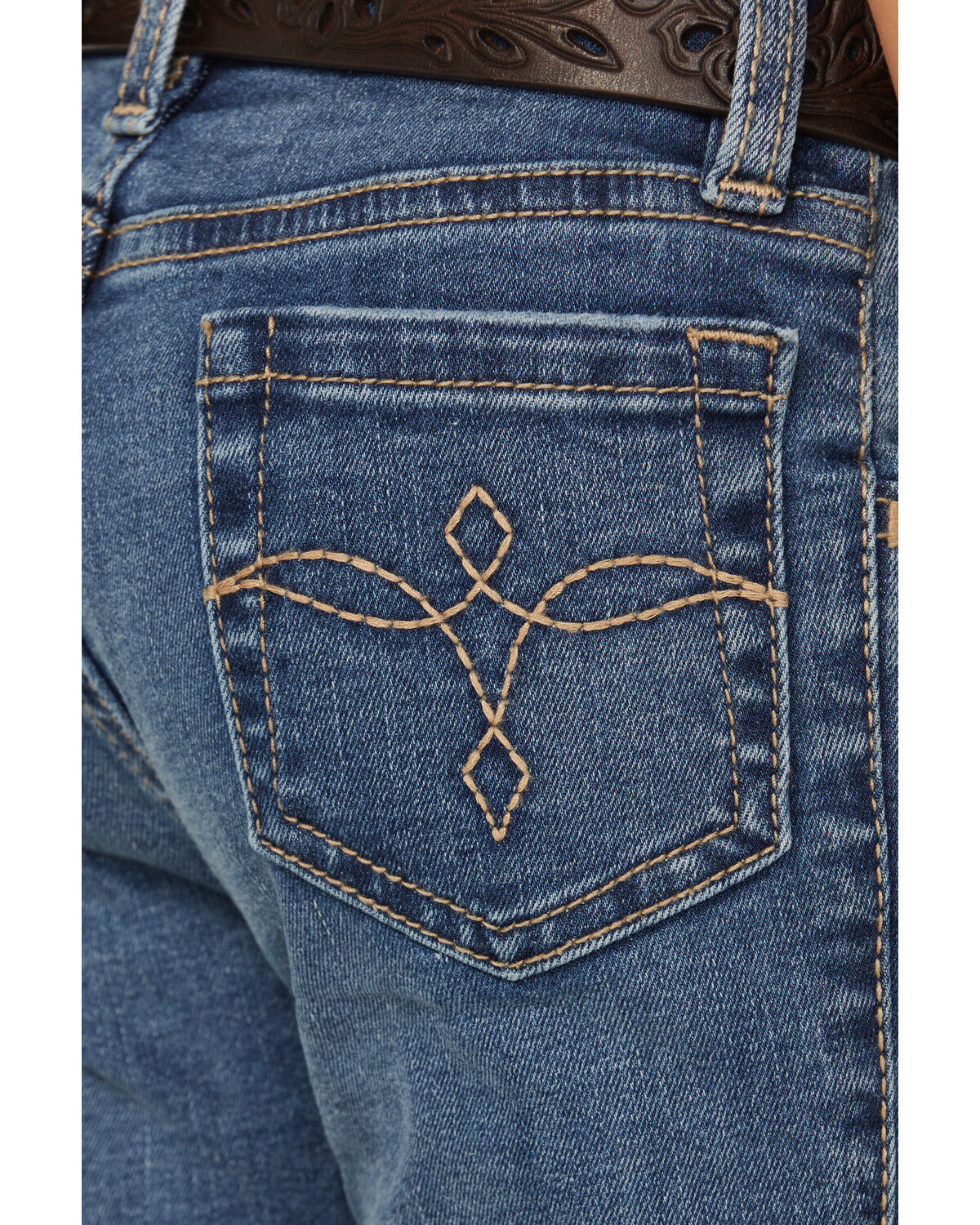 Image #4 - Shyanne Little Girls' Cimarron Twisted Side Seam Flare Stretch Denim Jeans, Medium Wash, hi-res