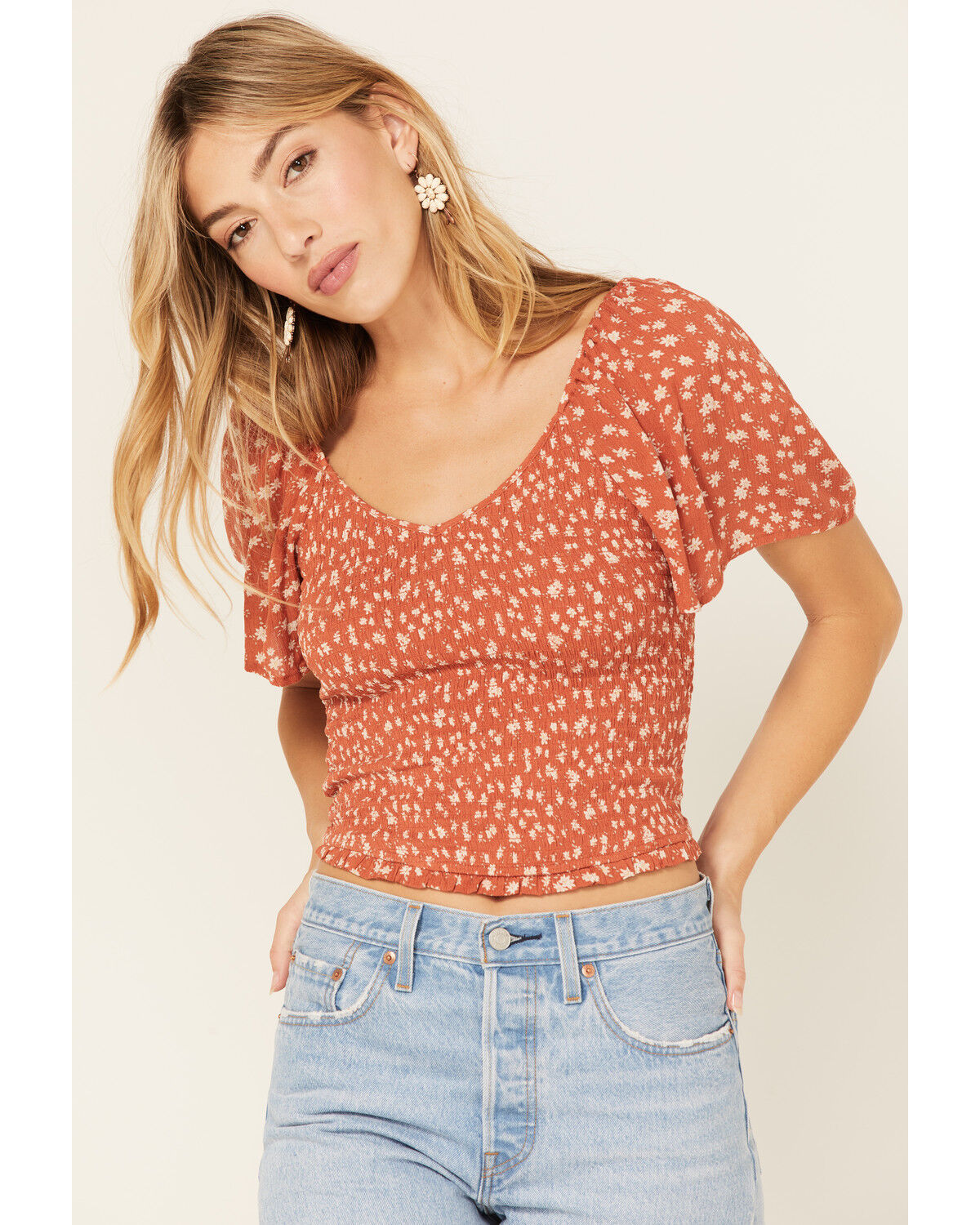 Image #2 - Beyond The Radar Women's Floral Print Smocked Top, Rust Copper, hi-res