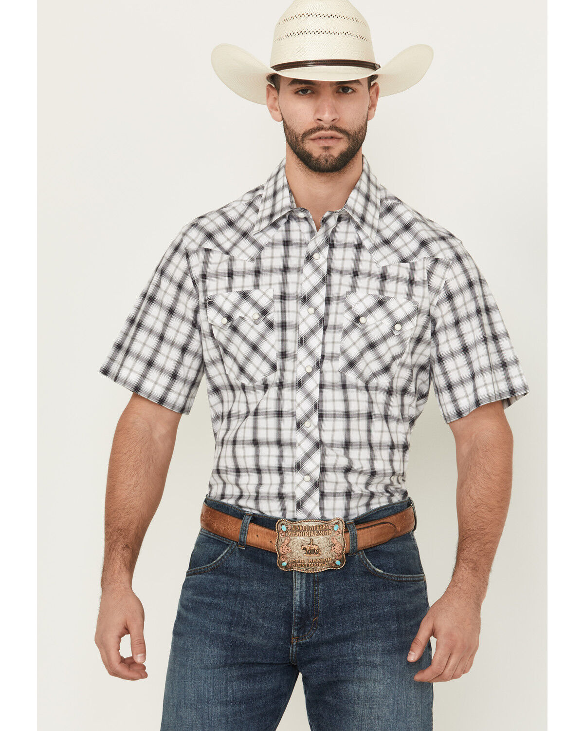 Image #1 - Wrangler Retro Men's Plaid Print Short Sleeve Snap Western Shirt - Tall, White, hi-res