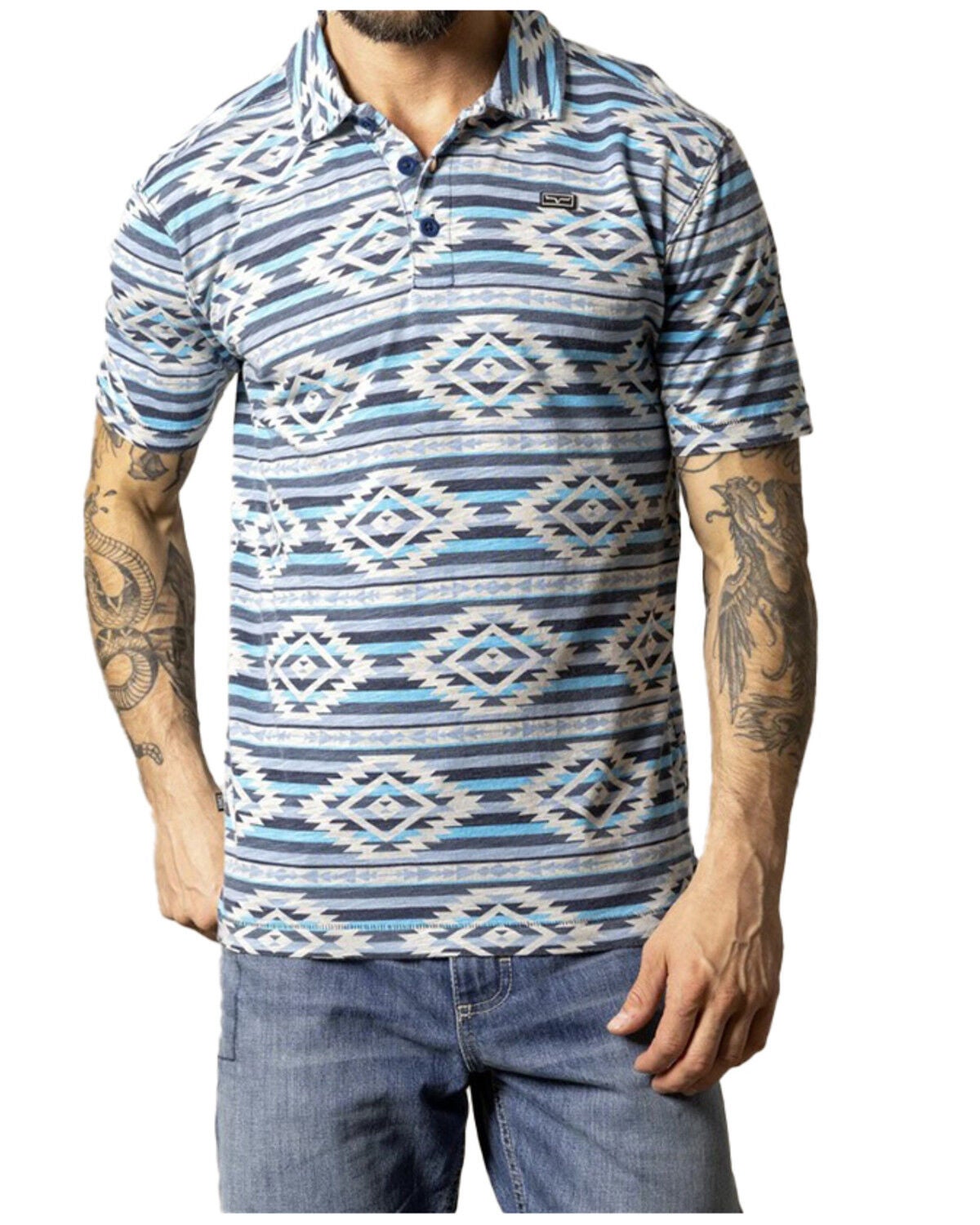 Kimes Ranch Men's Tulum Southwestern Striped Short Sleeve Button-Down Polo, Navy, hi-res