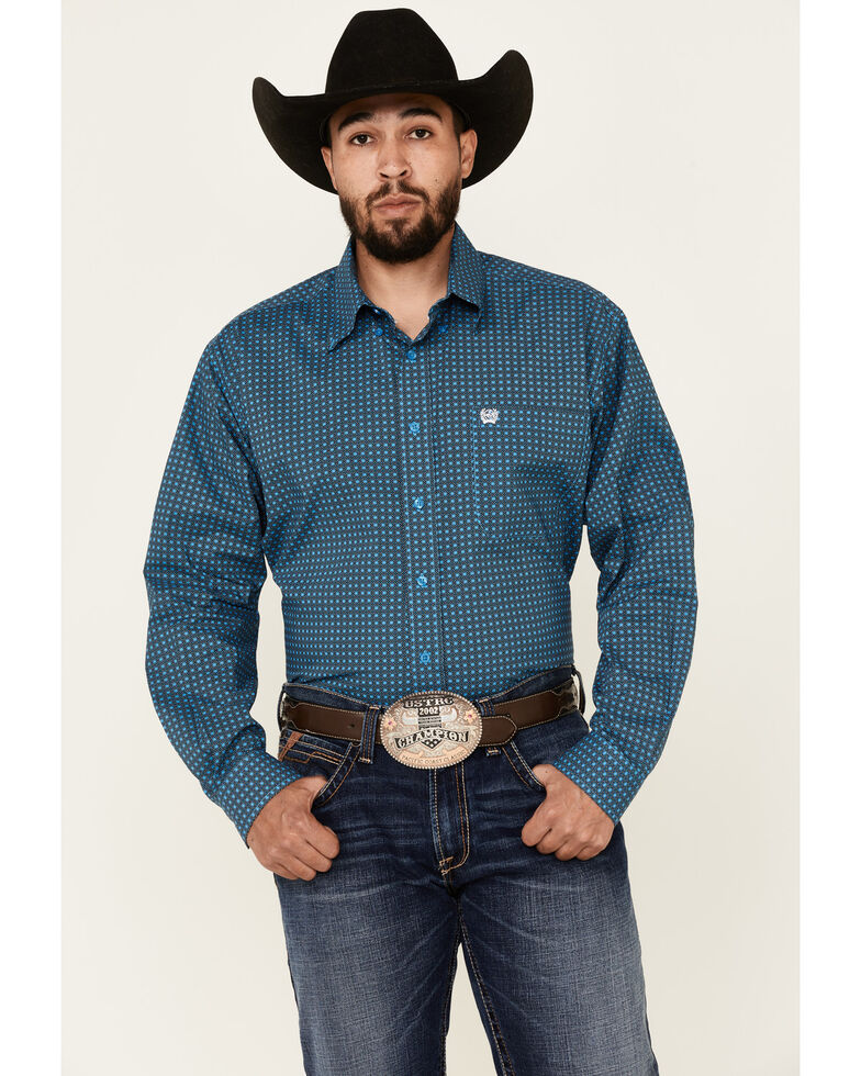 Cinch Men's Blue Stretch Geo Print Long Sleeve Button-Down Western Shirt, Blue, hi-res