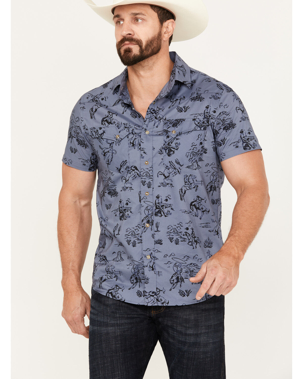 Image #1 - Pendleton Men's Laramie Cowboy Print Short Sleeve Snap Western Shirt, Blue, hi-res