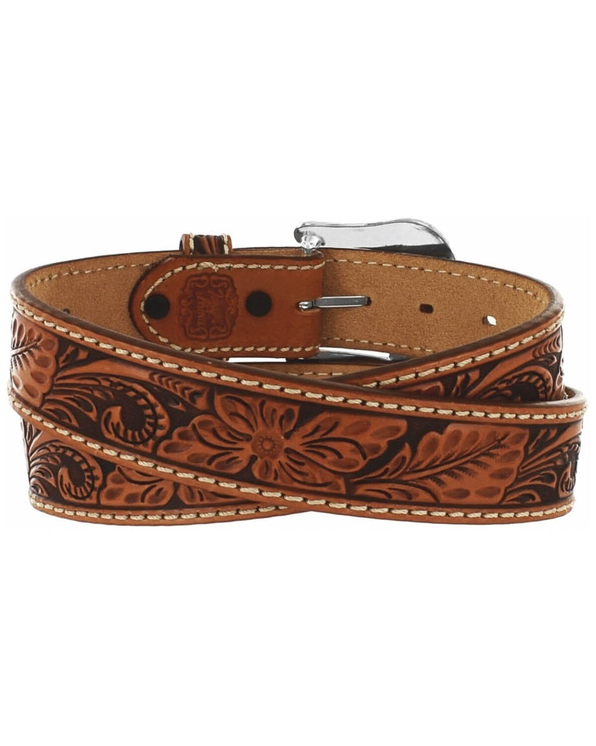 Image #4 - Tony Lama Men's Floral Tooled Leather Belt, Tan, hi-res