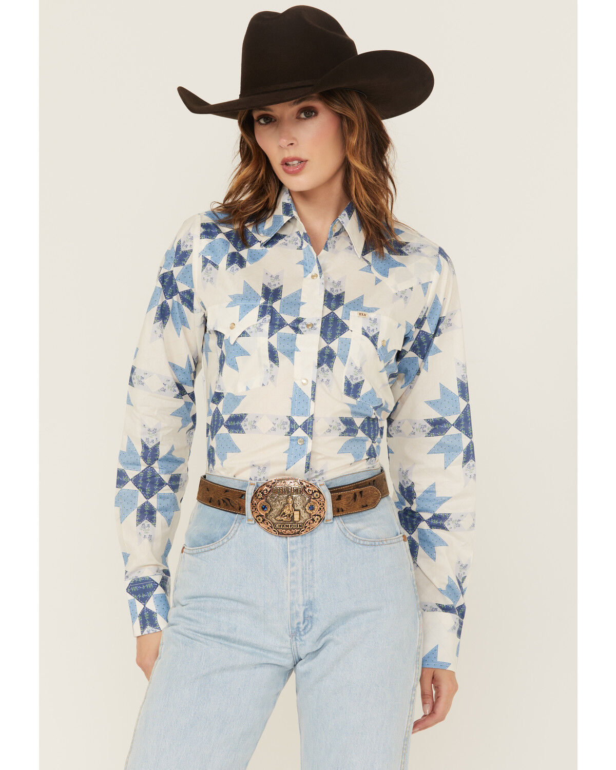 Image #1 - Cowboygirl by Jenna Paulette Women's Patchwork Print Long Sleeve Pearl Snap Western Shirt, Blue, hi-res