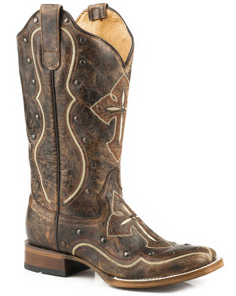 Image #1 - Roper Women's Pure Cross & Studs Western Boots - Broad Square Toe , Brown, hi-res