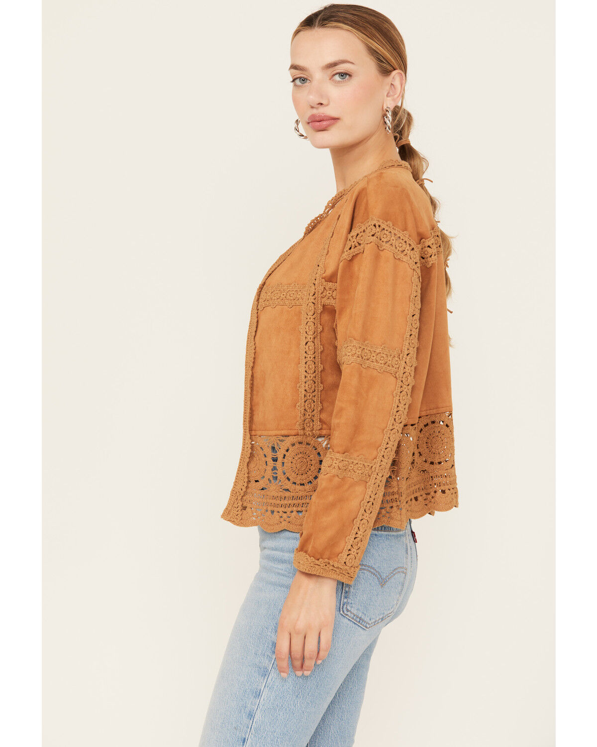 Image #2 - Miss Me Women's Crochet Faux Suede Jacket, Rust Copper, hi-res