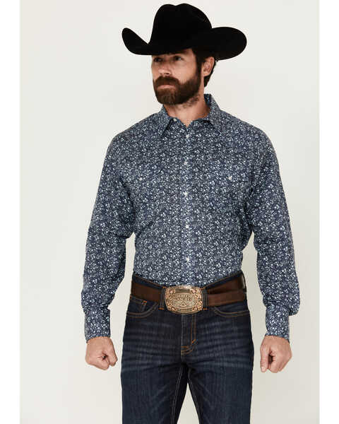 Roper Men's Floral Print Long Sleeve Snap Western Shirt - Tall , Navy, hi-res