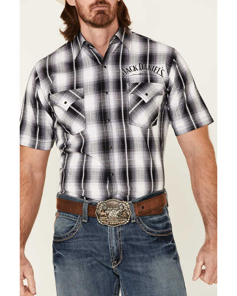 Jack Daniel's Men's Large Plaid Print Logo Short Sleeve Snap Western Shirt , Black, hi-res