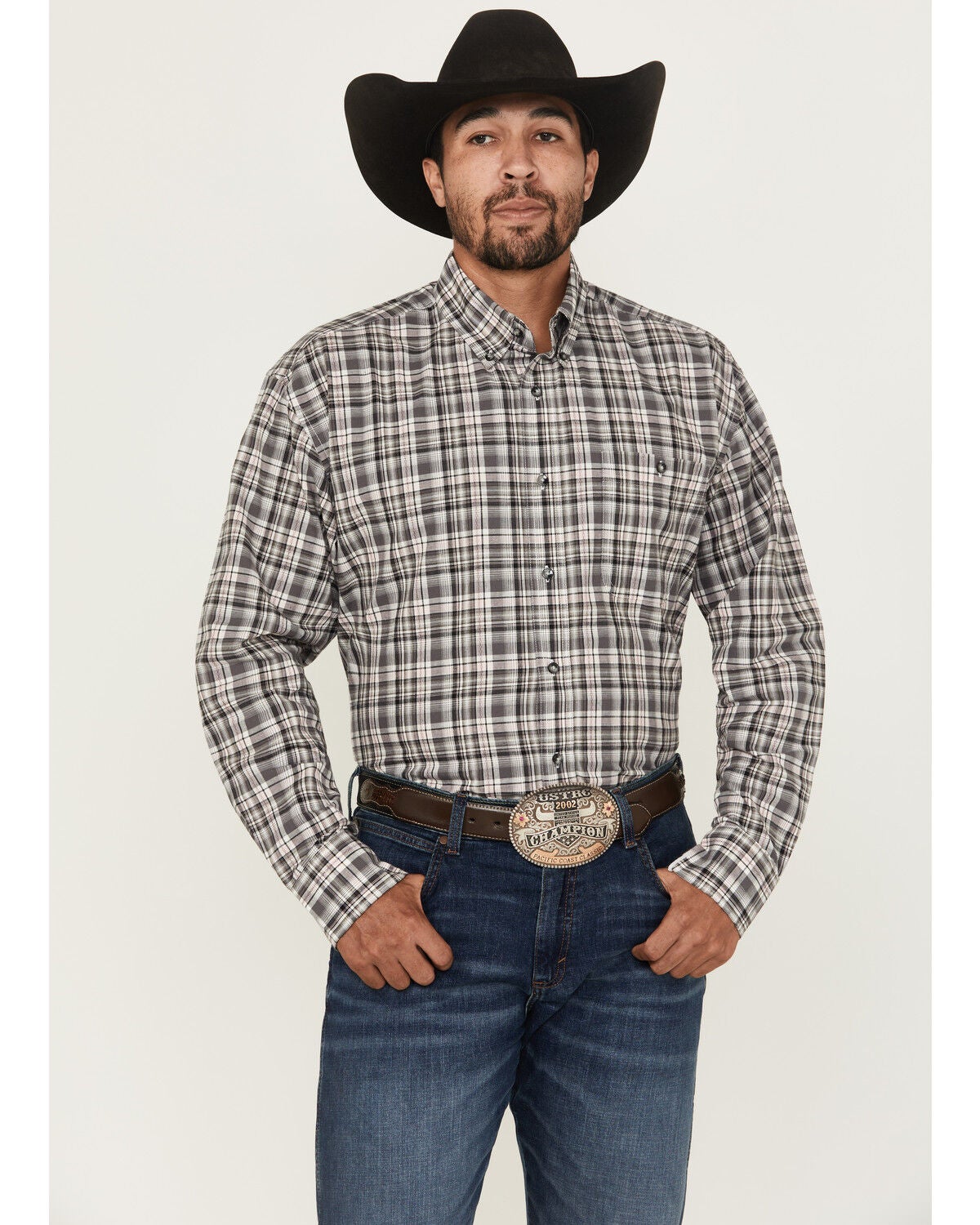 Wrangler Men's Bucking Cancer Plaid Print Long Sleeve Button-Down Western Shirt, Black, hi-res