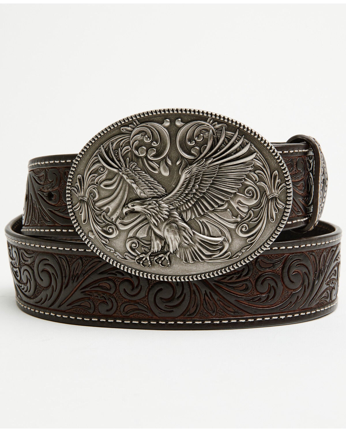 Image #1 - Cody James Men's Lander Tooled Leather Buckle Belt, Chestnut, hi-res