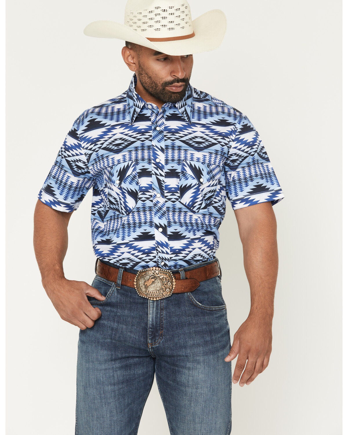 Rock & Roll Denim Men's Southwestern Print Short Sleeve Snap Stretch Western Shirt, Blue, hi-res
