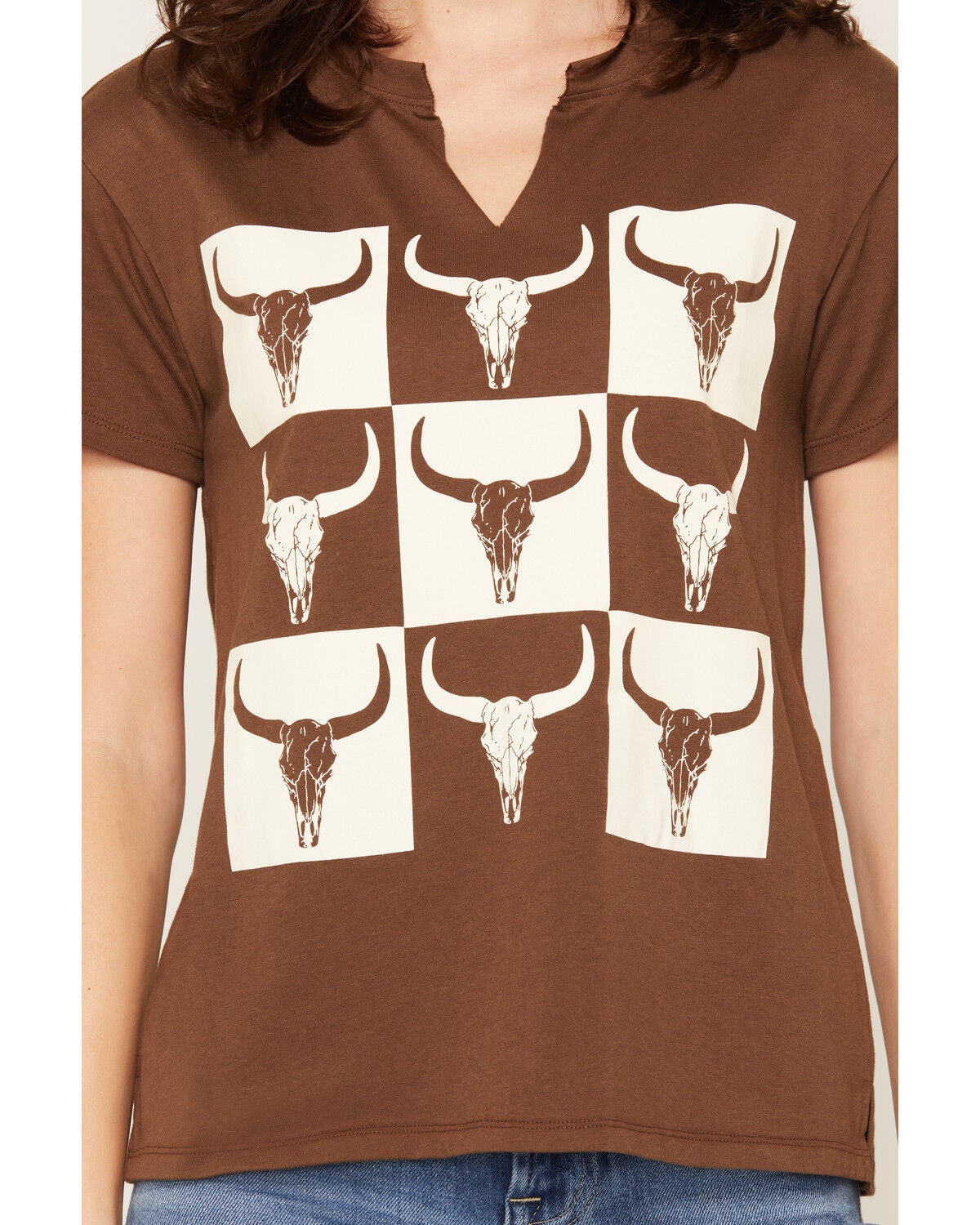 Image #3 - Blended Women's Checkerboard Steer Head Short Sleeve Graphic Tee, Brown, hi-res