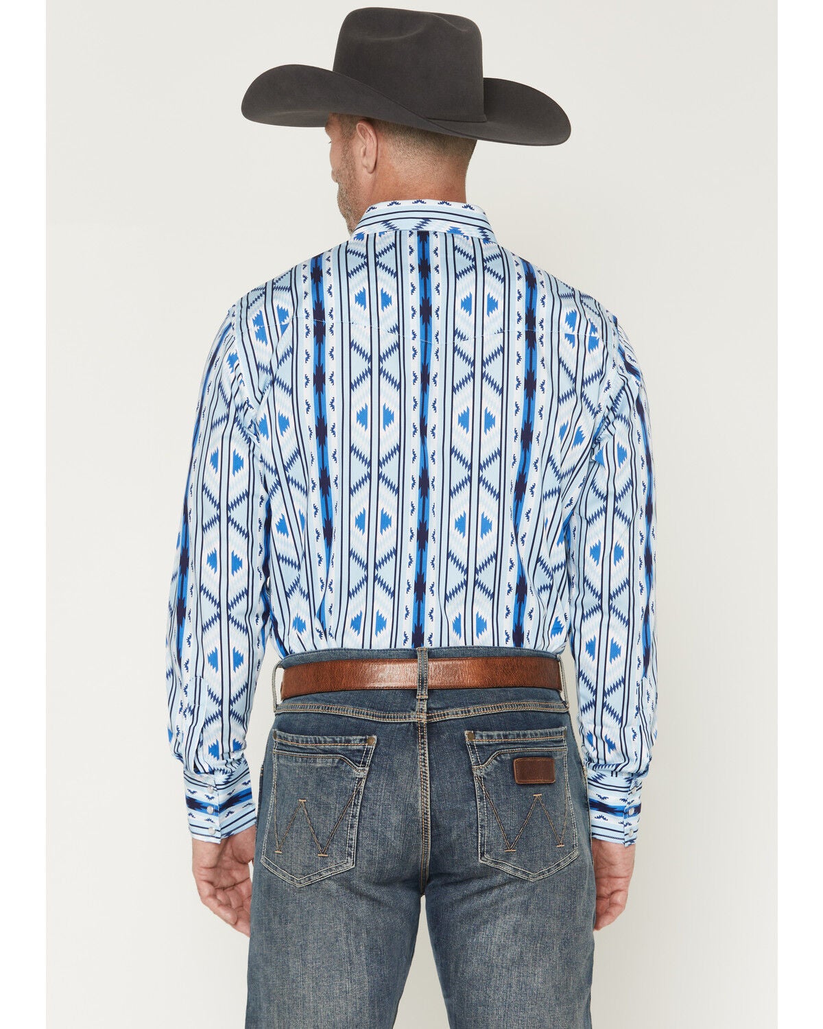 Image #4 - Wrangler Men's Checotah Southwestern Striped Long Sleeve Pearl Snap Western Shirt, Blue, hi-res