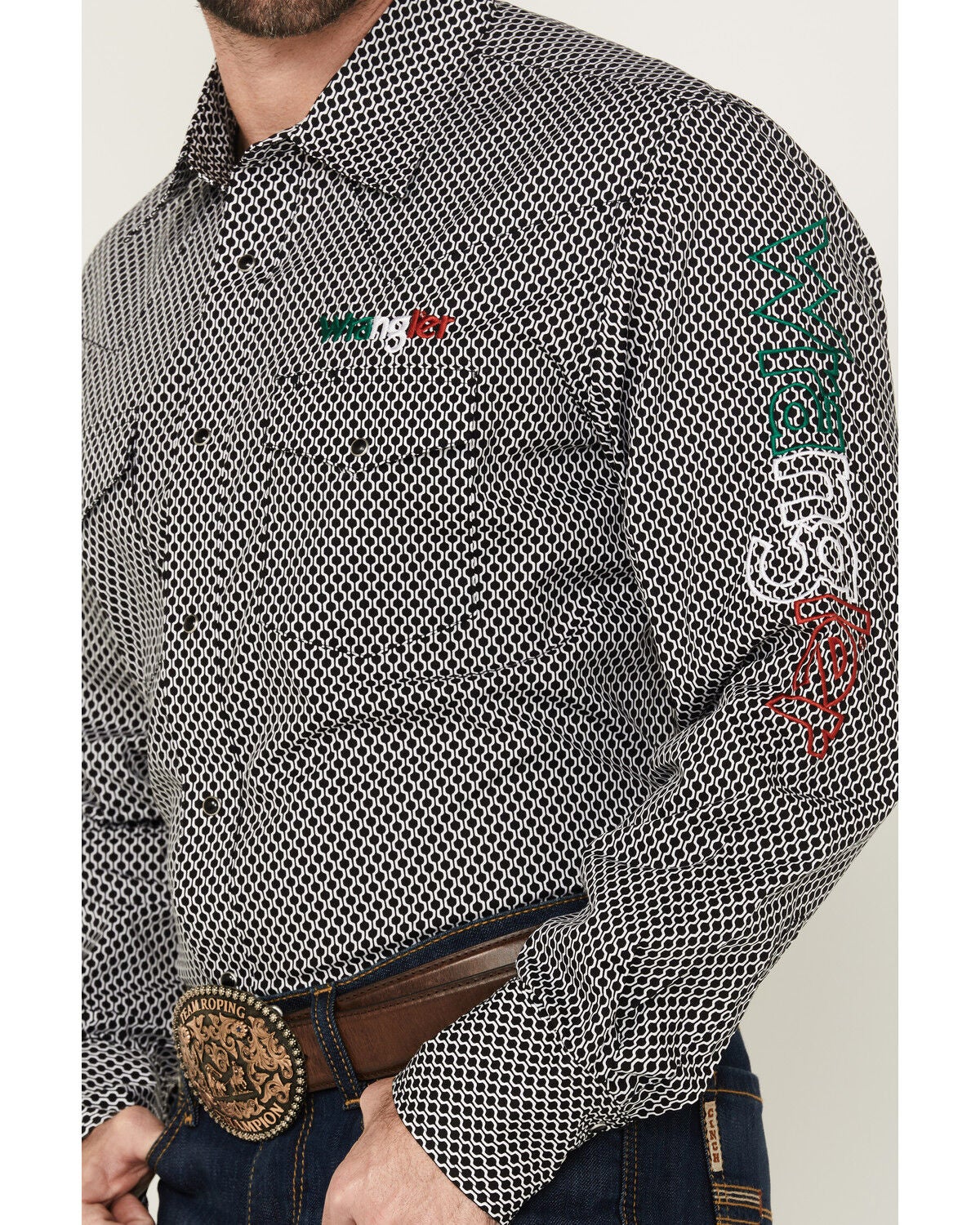 Image #3 - Wrangler Men's Mexico Logo Embroidered Geo Print Long Sleeve Snap Western Shirt - Tall, Black, hi-res