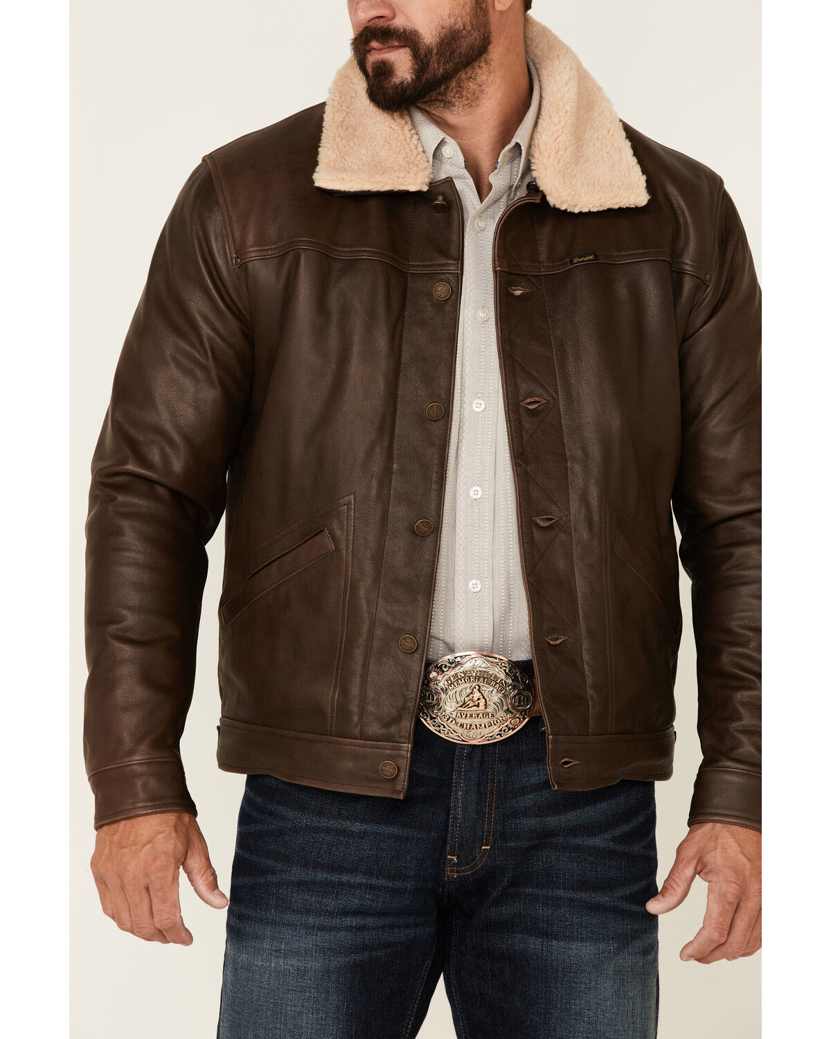 Image #3 - Wrangler Men's Vintage Sherpa Lined Leather Jacket, Brown, hi-res