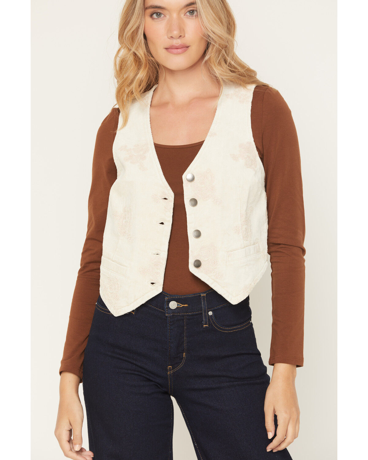 Image #2 - Mystree Women's Corduroy Floral Embroidered Vest, Ivory, hi-res