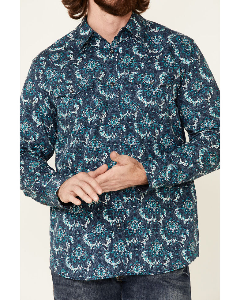 Moonshine Spirit Men's Hooligan Floral Print Long Sleeve Snap Western Shirt , Light Blue, hi-res