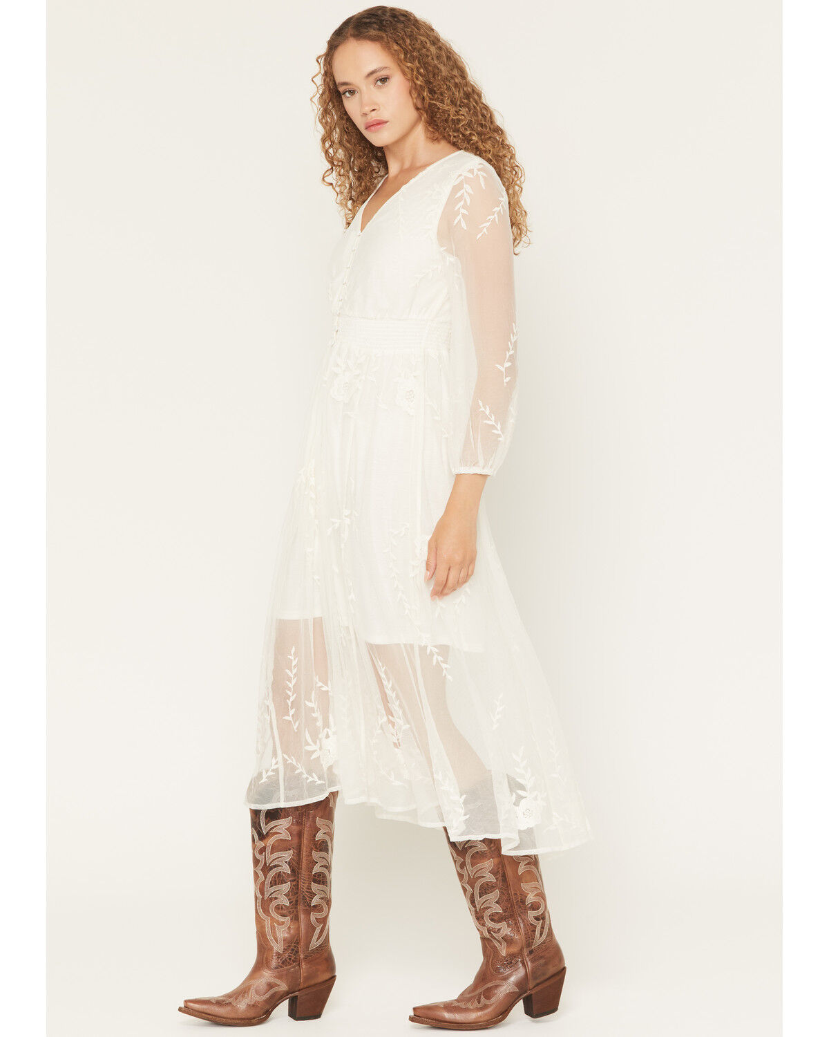 Image #2 - Shyanne Women's Hillside Button Front Embroidered Mesh Midi Dress, Ivory, hi-res