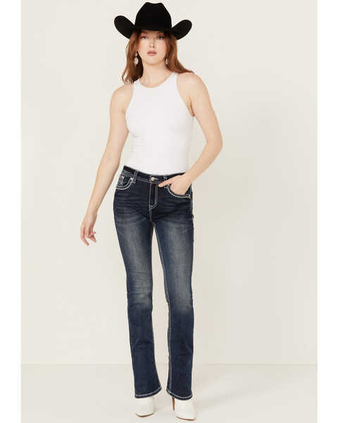Image #3 - Grace In LA Women's Dark Wash Sequin Pocket Mid Rise Bootcut Stretch Denim Jeans , Dark Wash, hi-res