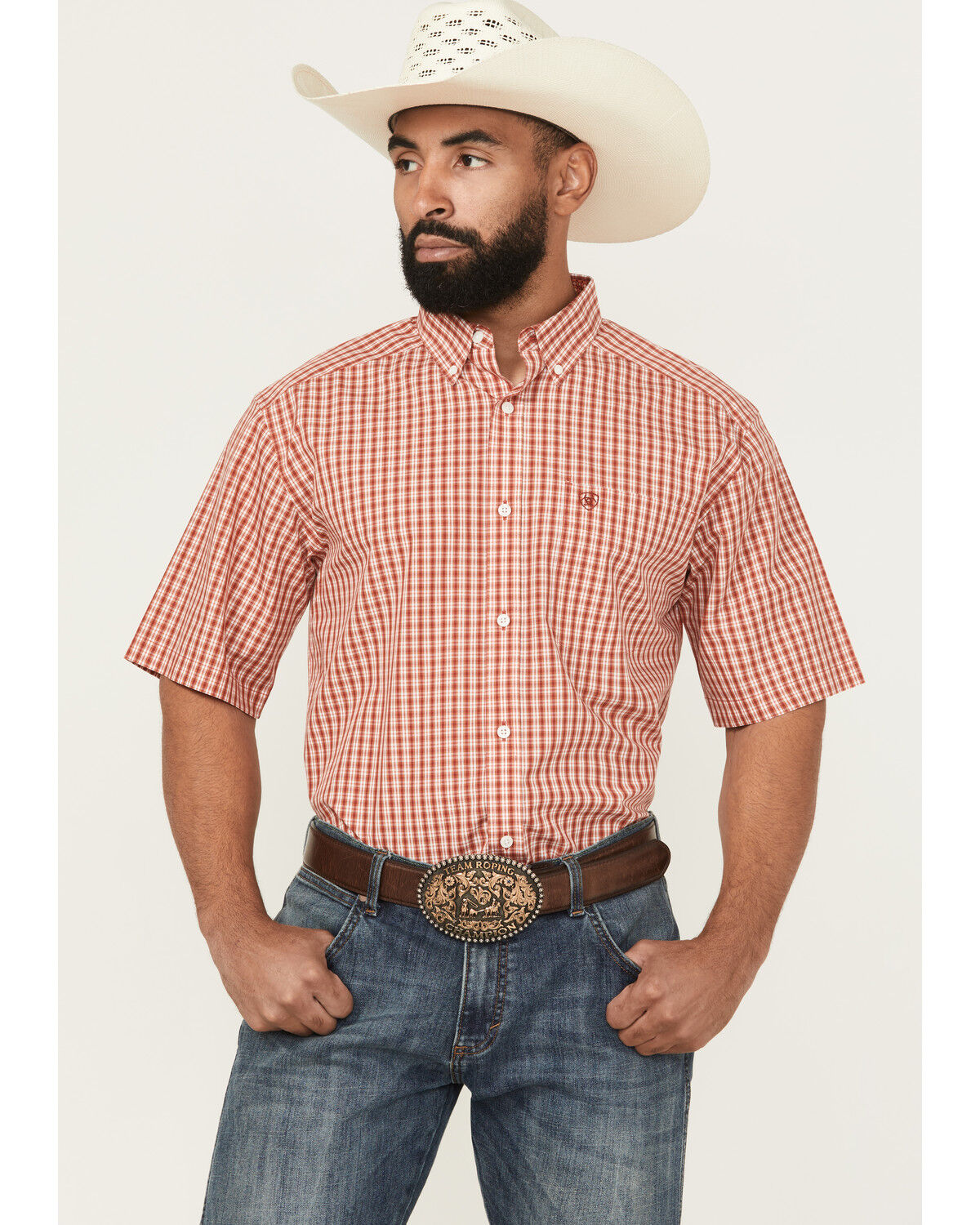 Image #1 - Ariat Men's Emery Wrinkle Free Plaid Print Short Sleeve Button-Down Western Shirt - Big, Orange, hi-res