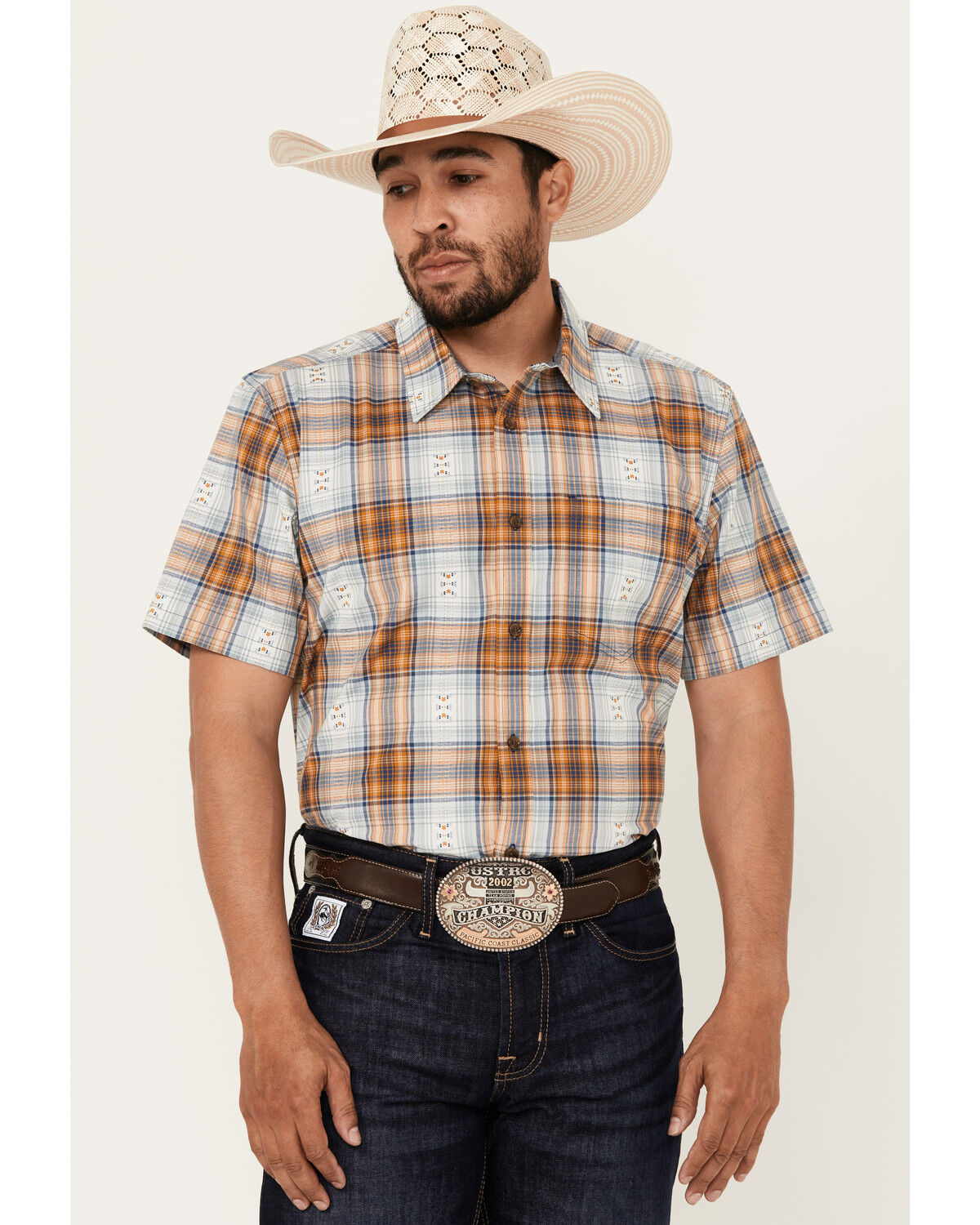 Image #1 - Cody James Men's Spur Dobby Plaid Print Short Sleeve Button-Down Stretch Western Shirt, Ivory, hi-res