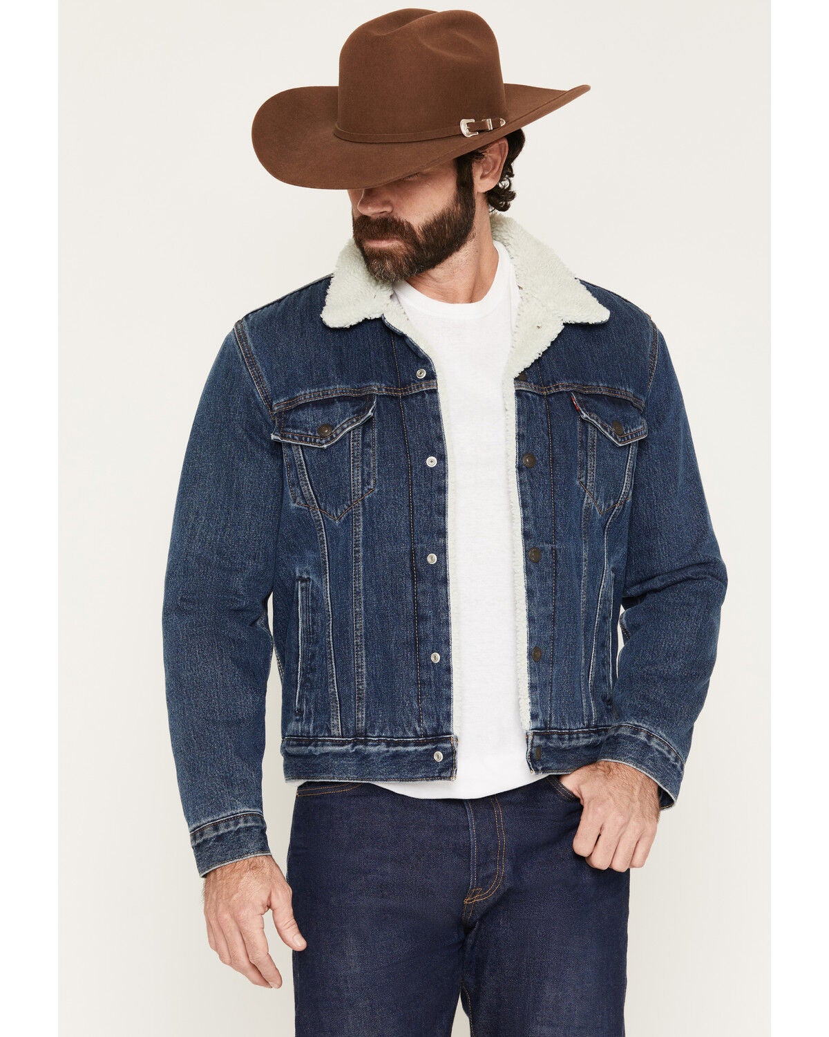 Image #1 - Levi's Men's Dark Wash Sherpa Lined Snap Denim Jacket, Dark Wash, hi-res