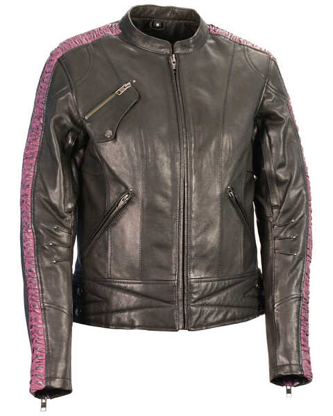 Image #1 - Milwaukee Leather Women's Crinkle Arm Lightweight Racer Leather Jacket, Black/purple, hi-res