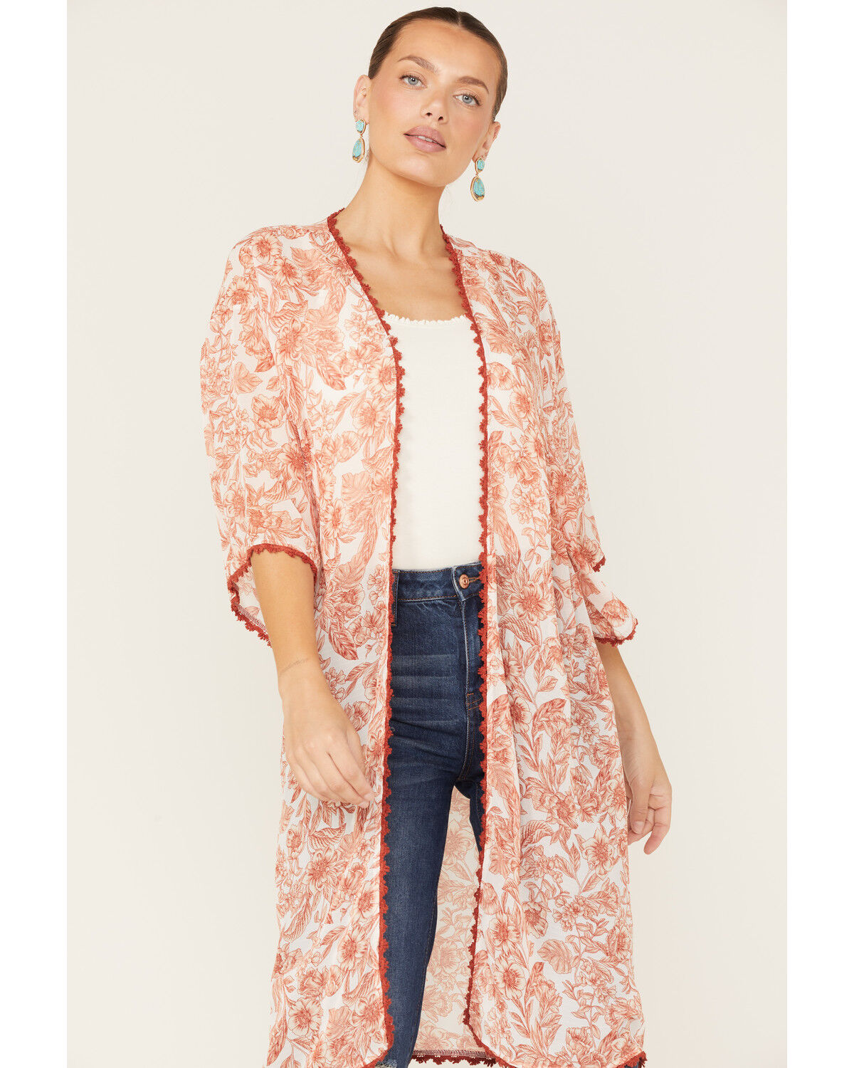 Image #2 - Wild Moss Women's Floral Print Sheer Kimono, Ivory, hi-res