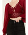 Image #3 - Flying Tomato Women's Crochet Front Long Sleeve Top , Red, hi-res