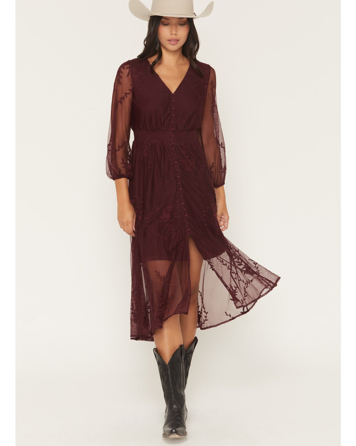 Shyanne Women's Hillside Floral Embroidered Long Sleeve Button-Down Mesh Midi Dress, Brick Red, hi-res