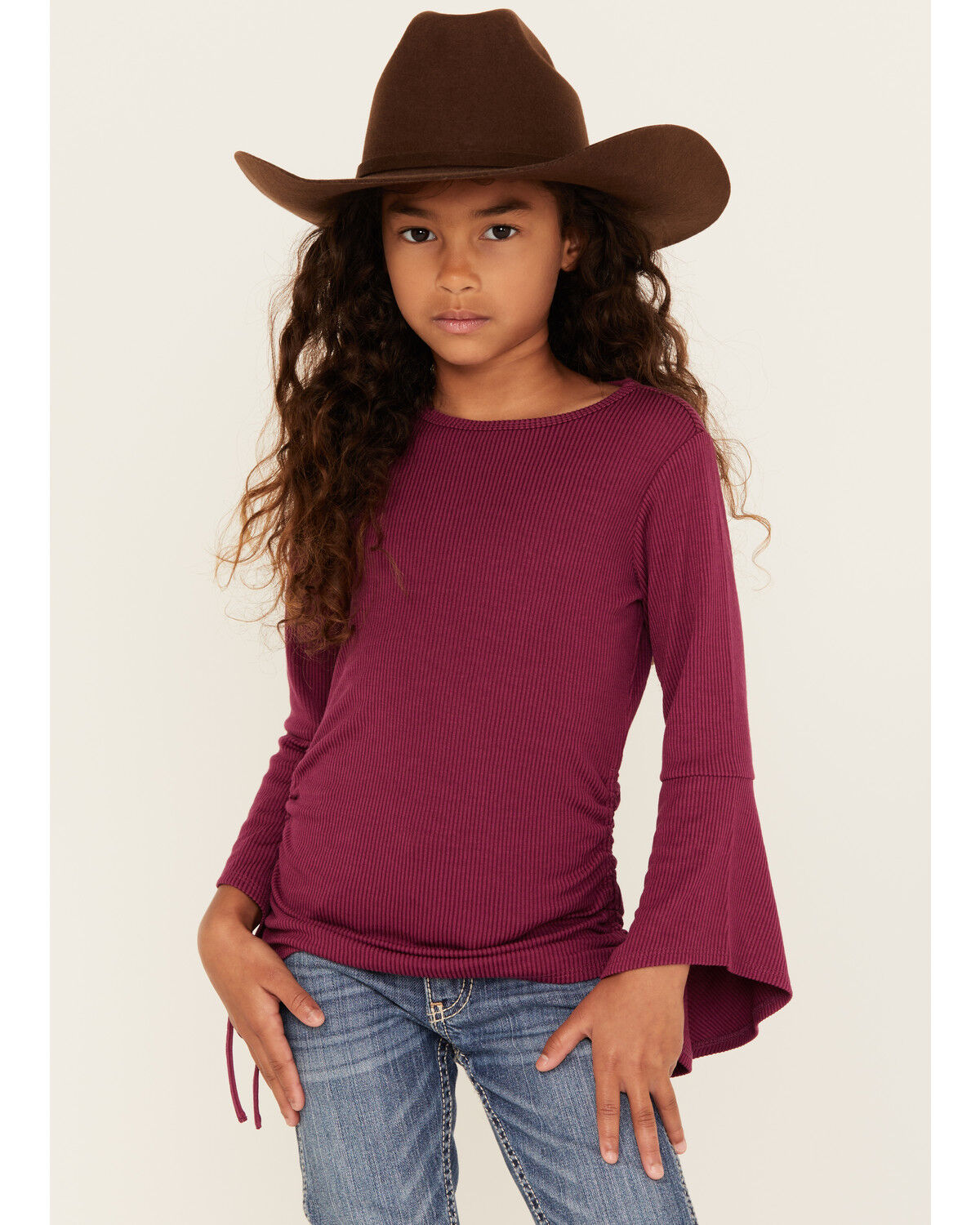 Image #1 - Shyanne Girls' Bell Sleeve Ruched Side Top, Fuchsia, hi-res
