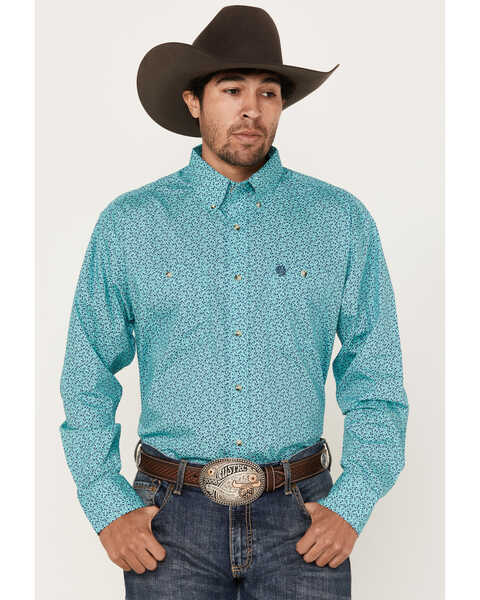 Image #1 - George Strait by Wrangler Men's Floral Print Long Sleeve Button-Down Western Shirt, Teal, hi-res