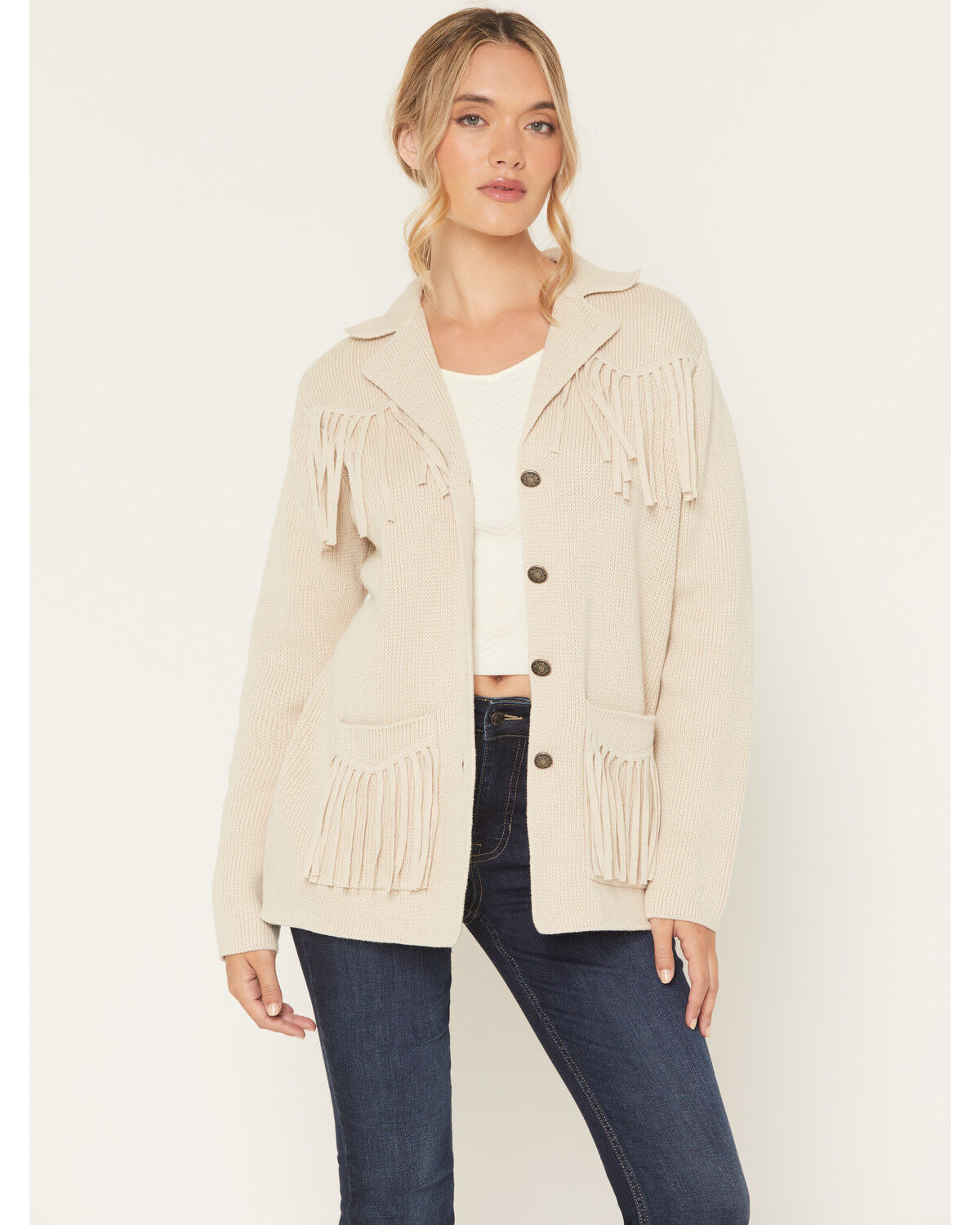 Image #1 - Shyanne Women's Solid Fringe Button-Down Sweater, Oatmeal, hi-res