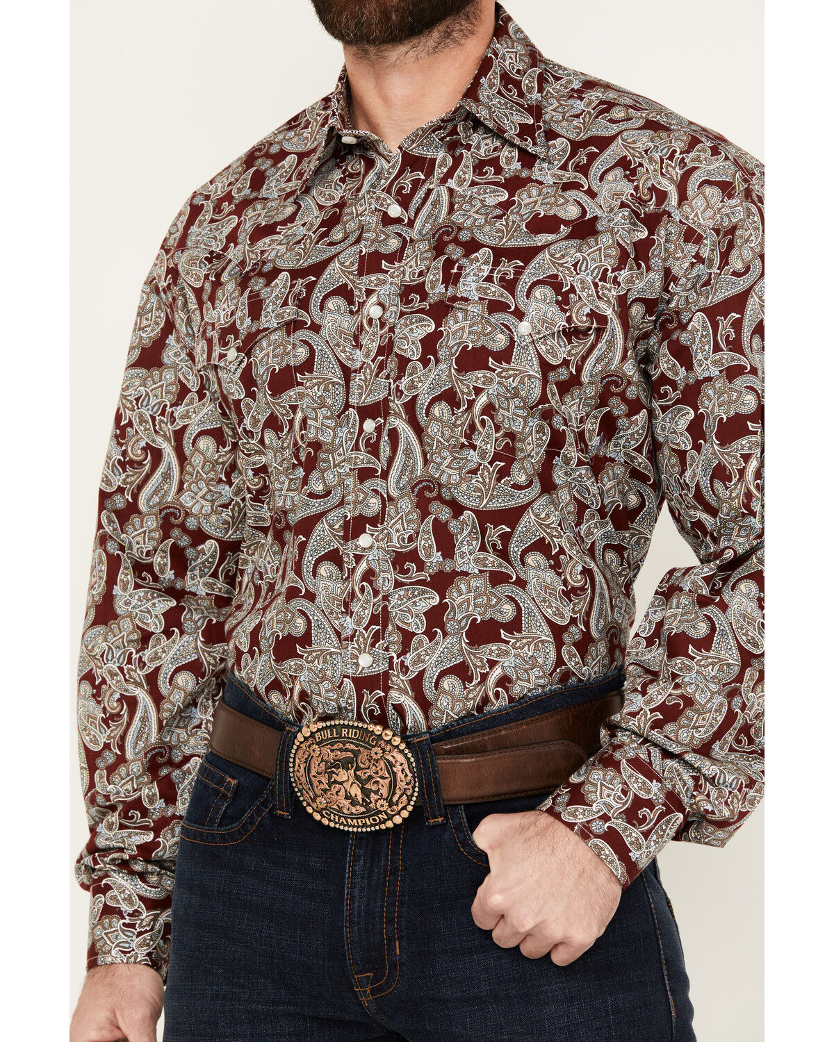 Image #3 - Stetson Men's Paisley Print Long Sleeve Pearl Snap Western Shirt, Maroon, hi-res
