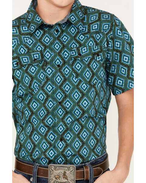 Image #3 - Cody James Boys' Diamond Geo Print Short Sleeve Western Snap Shirt, Dark Green, hi-res