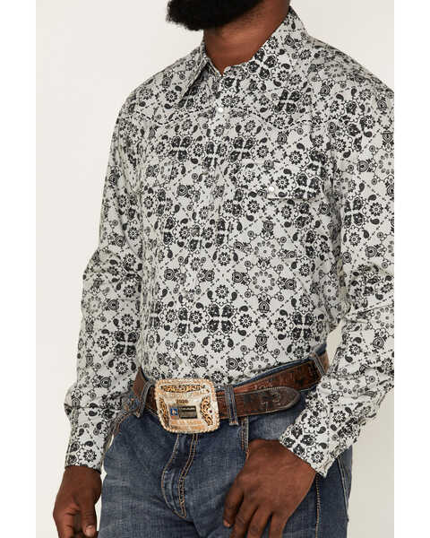 Image #3 - Cowboy Hardware Men's Bandana Print Long Sleeve Pearl Snap Shirt, Grey, hi-res