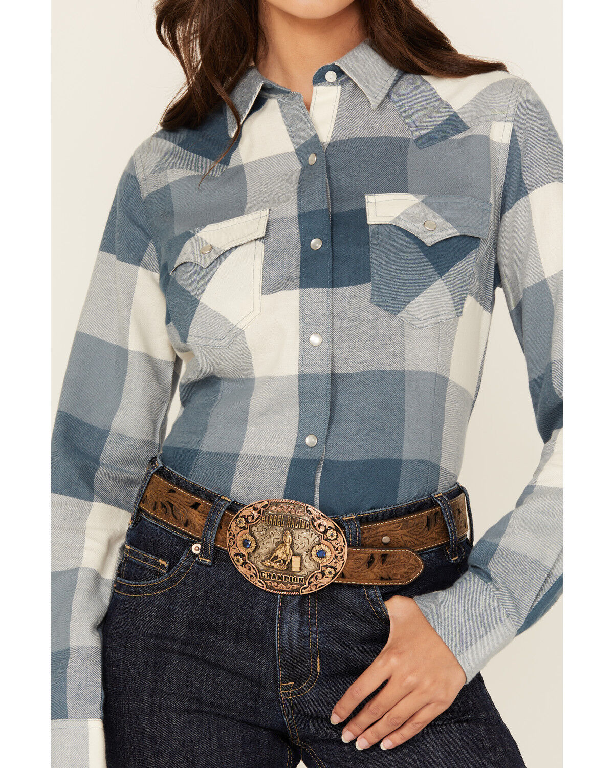 Image #3 - Wrangler Retro Women's Buffalo Plaid Print Long Sleeve Pearl Snap Flannel Shirt, Blue, hi-res