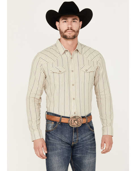 Image #1 - Blue Ranchwear Men's Goliad Striped Print Long Sleeve Snap Shirt, Tan, hi-res