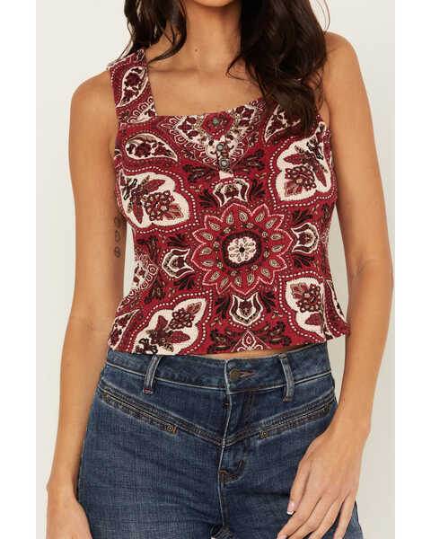 Image #3 - Idyllwind Women's Linmar Printed Button-Down Tank , Dark Red, hi-res