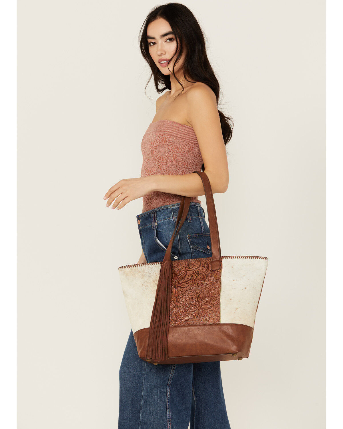 Image #1 - Shyanne Women's Hair On Tooled Concealed Carry Tote, Brown, hi-res