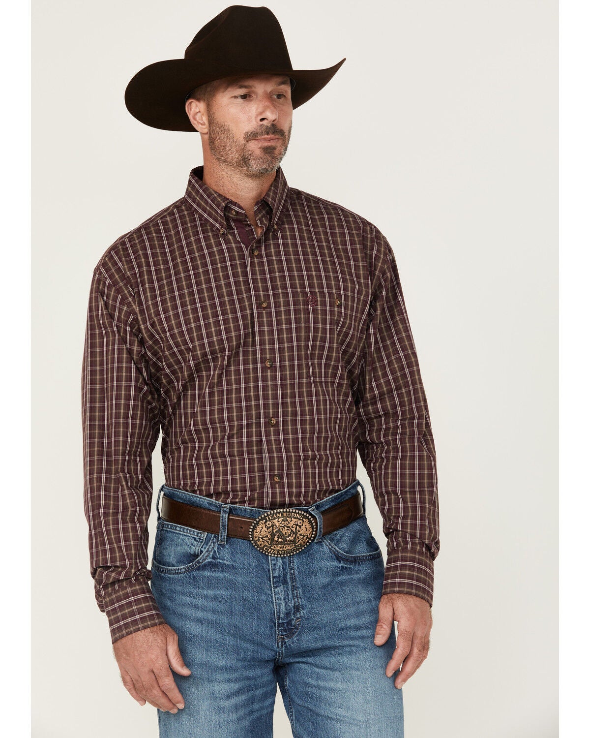 George Strait by Wrangler Men's Plaid Print Long Sleeve Button-Down Stretch Western Shirt, Burgundy, hi-res