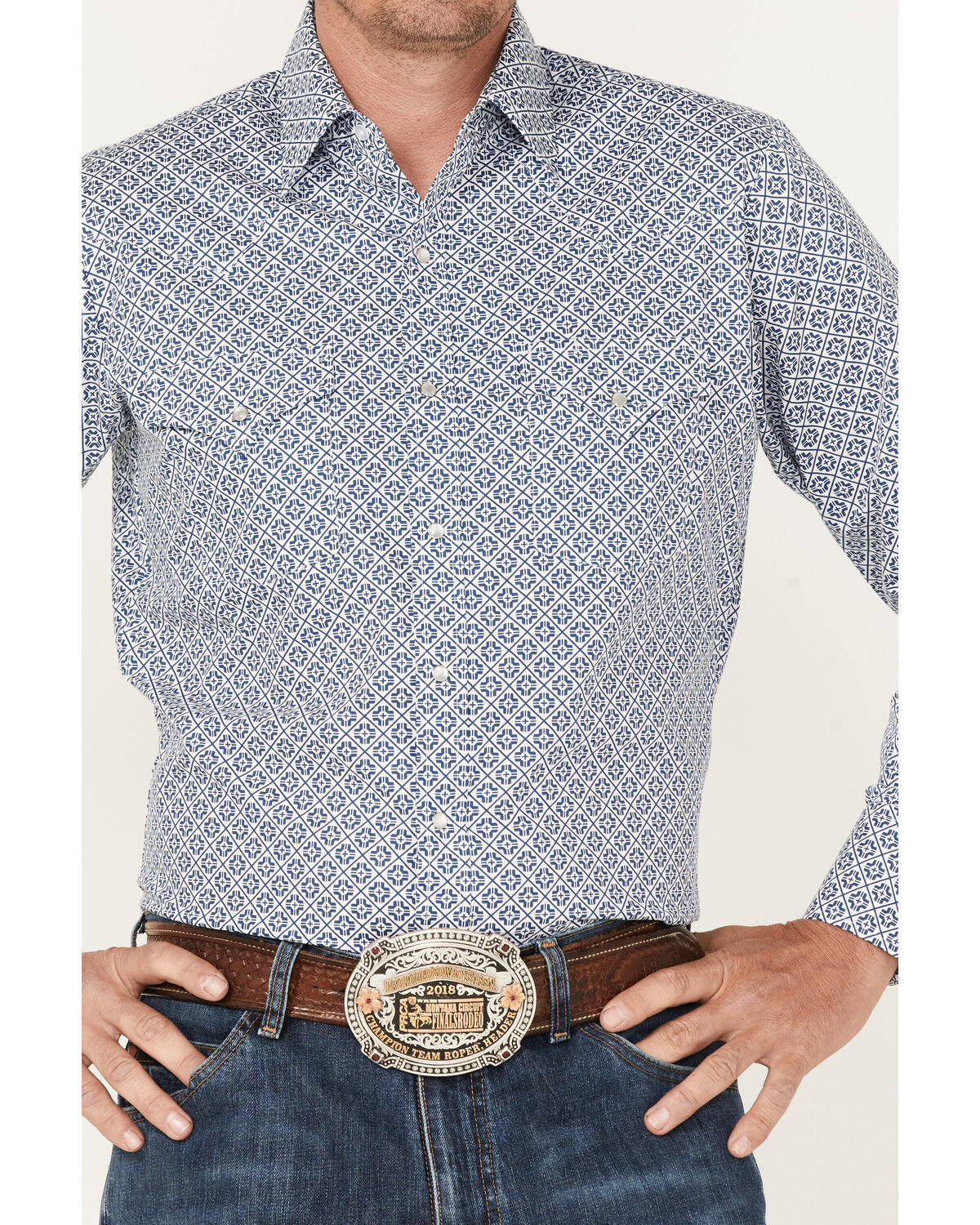 Image #3 - Ely Walker Men's Geo Print Long Sleeve Pearl Snap Western Shirt, Blue, hi-res
