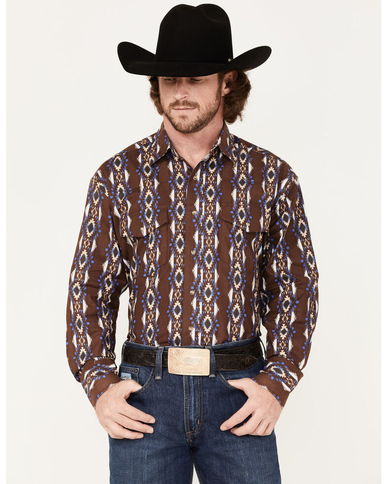Wrangler Men's Checotah Southwestern Stripe Long Sleeve Snap Western Shirt - Big & Tall, Brown, hi-res
