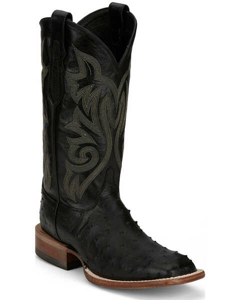 Justin Men's Exotic Full Quill Ostrich Western Boots - Broad Square Toe, Black, hi-res