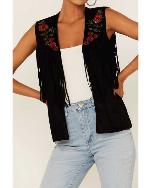 Maggie Sweet Women's Guajira Floral Fringe Vest, Black, hi-res