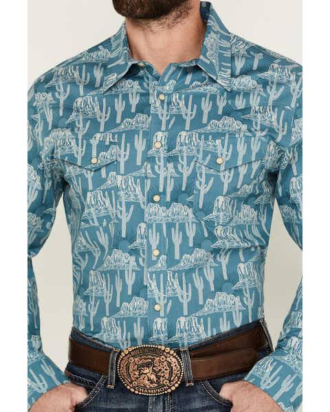 Image #3 - Rock & Roll Denim Men's Cactus Desert Print Long Sleeve Pearl Snap Stretch Western Shirt , Blue, hi-res