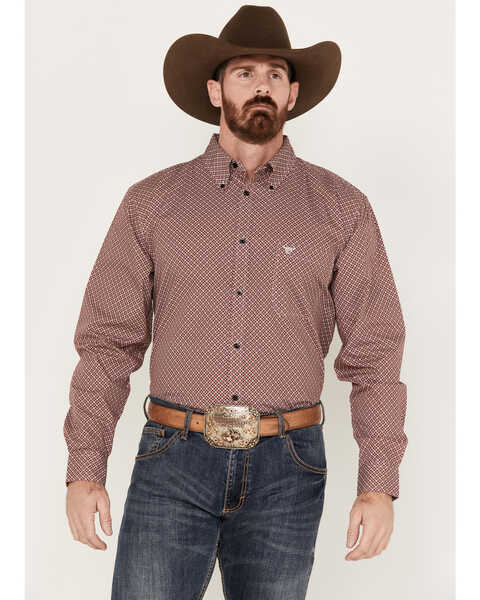 Image #1 - Cowboy Hardware Men's Puzzle Star Geo Print Long Sleeve Button-Down Western Shirt, Burgundy, hi-res